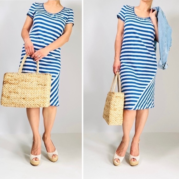 TOMMY BAHAMA striped Linen T-shirt Midi dress Blue White Size L